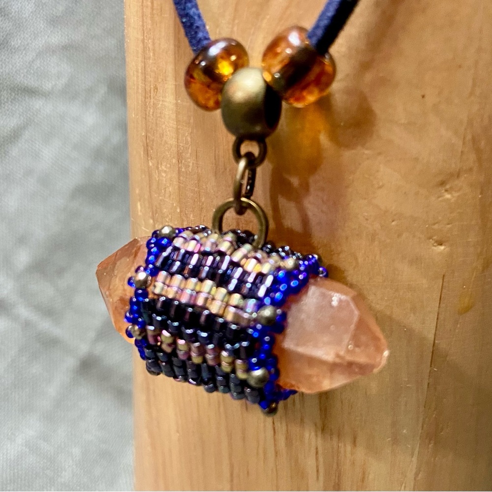 Beaded Double Terminated Red Quartz Hand Crafted Pendant Necklace Pyrite Purple